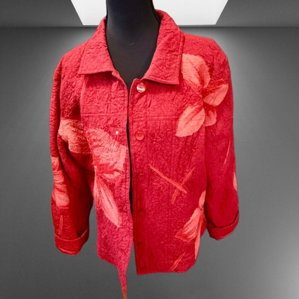 Vibrant Red Multiples Crinkled Quilted Leaf Patterned Jacket